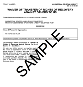 Waiver of Transfer of Rights Against Others to Us Endorsement (form CG 24 04)
